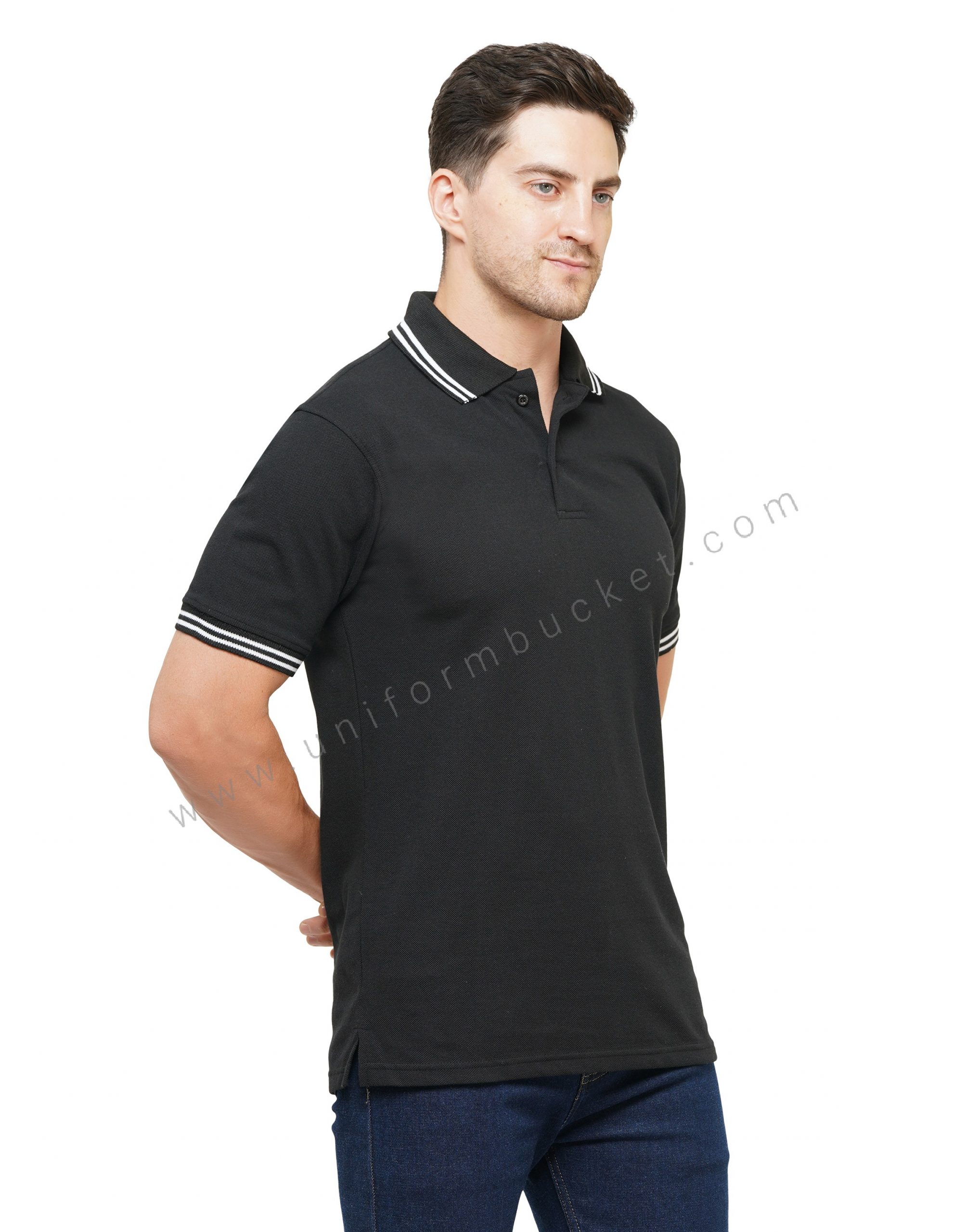 BLACK T-SHIRT WITH COLLAR & SLEEVE WHITE TIPPING - Image 2