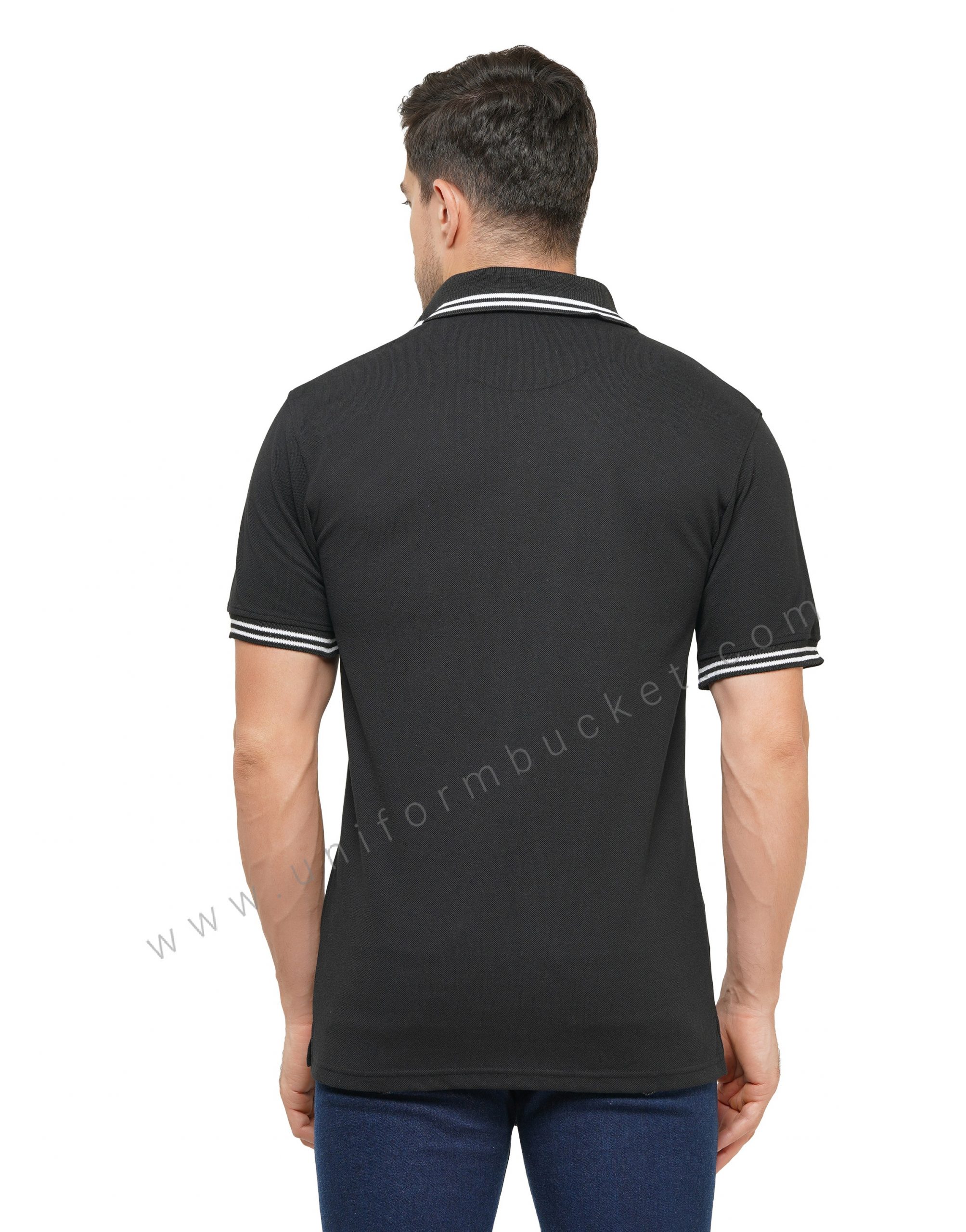BLACK T-SHIRT WITH COLLAR & SLEEVE WHITE TIPPING - Image 3
